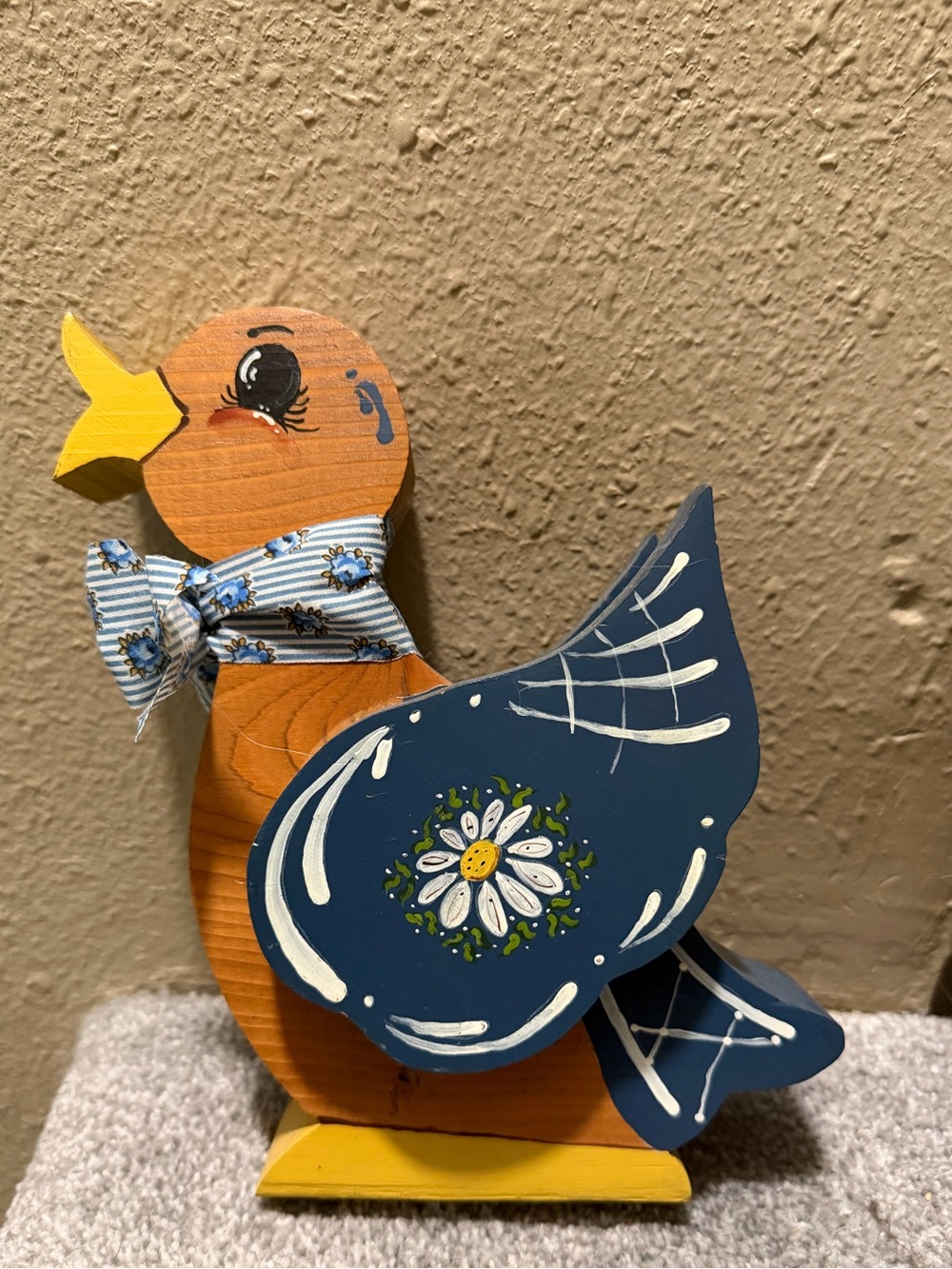 Hand-Painted Wooden Duck Bird Figurine - Blue and Yellow